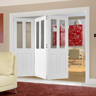 Image: Three Folding Doors & Frame Kit - Eton Victorian Shaker 3+0 - Clear Glass - White Primed