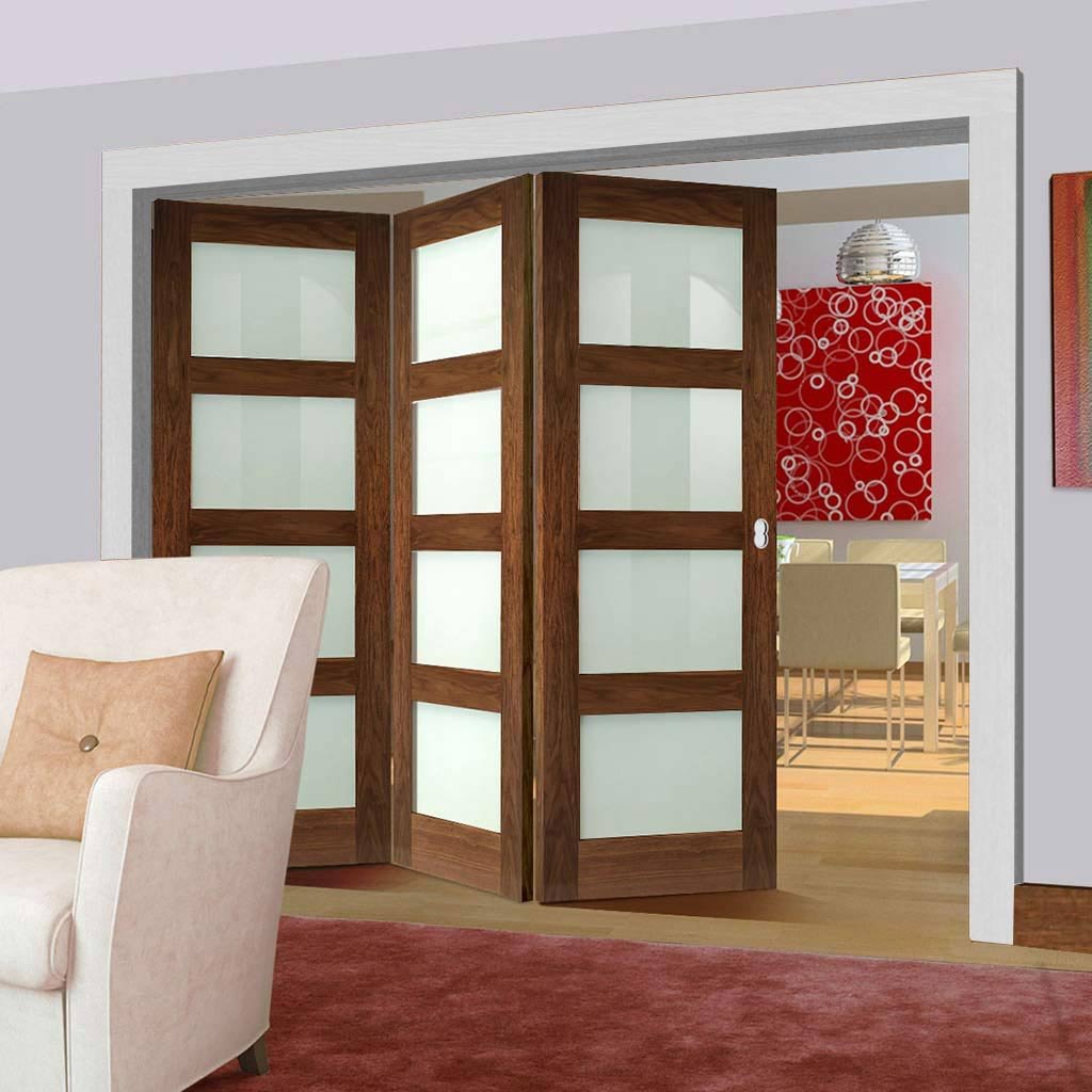 Three Folding Doors & Frame Kit - Coventry Walnut Shaker 3+0 - Frosted
