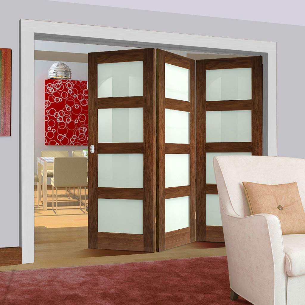 Three Folding Doors & Frame Kit - Coventry Walnut Shaker 3+0 - Frosted Glass - Prefinished