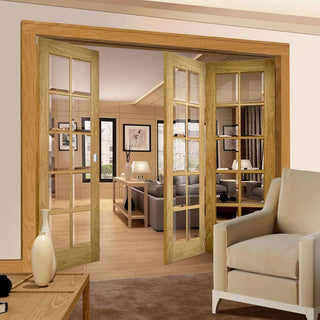 Image: Three Folding Doors & Frame Kit - Bristol Oak 2+1 - 10 Pane Clear Bevelled Glass - Unfinished