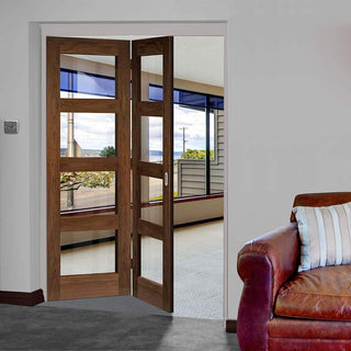 Image: Two Folding Doors & Frame Kit - Coventry Walnut Shaker 2+0 - Clear Glass - Prefinished