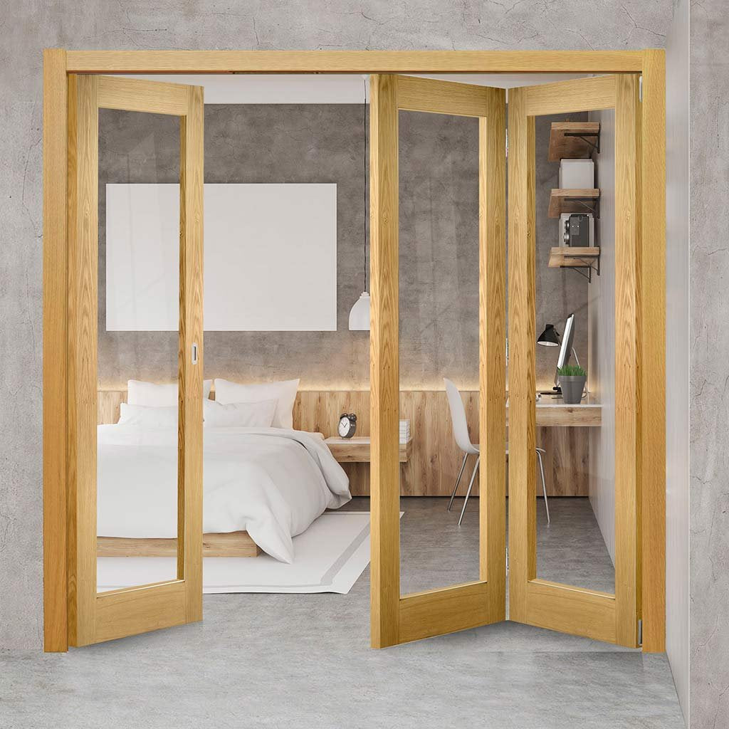 Three Folding Doors & Frame Kit - Walden Oak 2+1 - Clear Glass - Unfinished