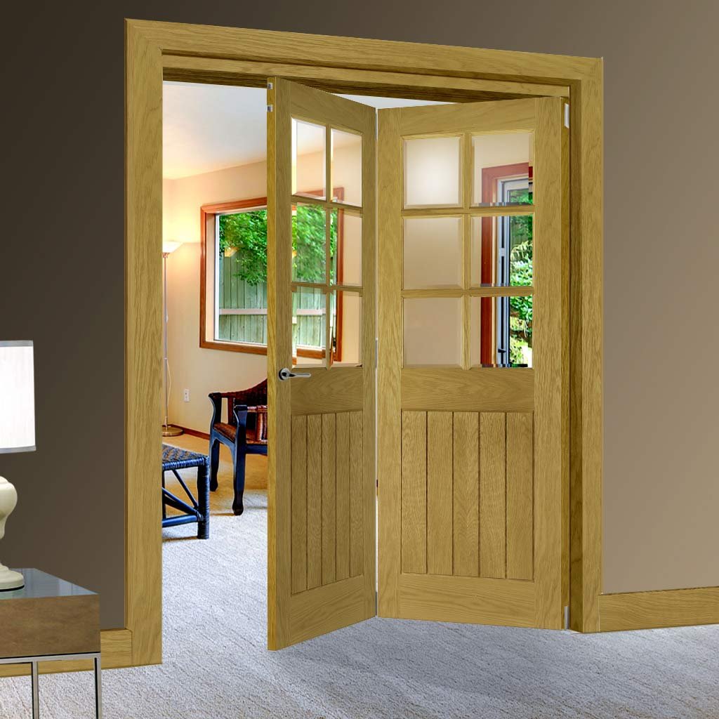Two Folding Doors & Frame Kit - Ely Oak 2+0 - Clear Bevelled Glass -Unfinished