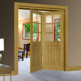 Image: Two Folding Doors & Frame Kit - Ely Oak 2+0 - Clear Bevelled Glass -Unfinished