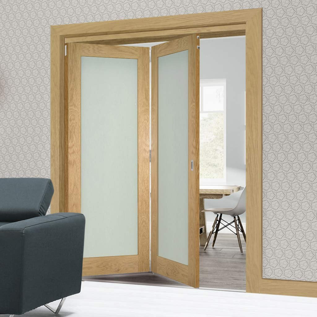 Two Folding Doors & Frame Kit - Walden Oak 2+0 - Frosted Glass - Unfinished