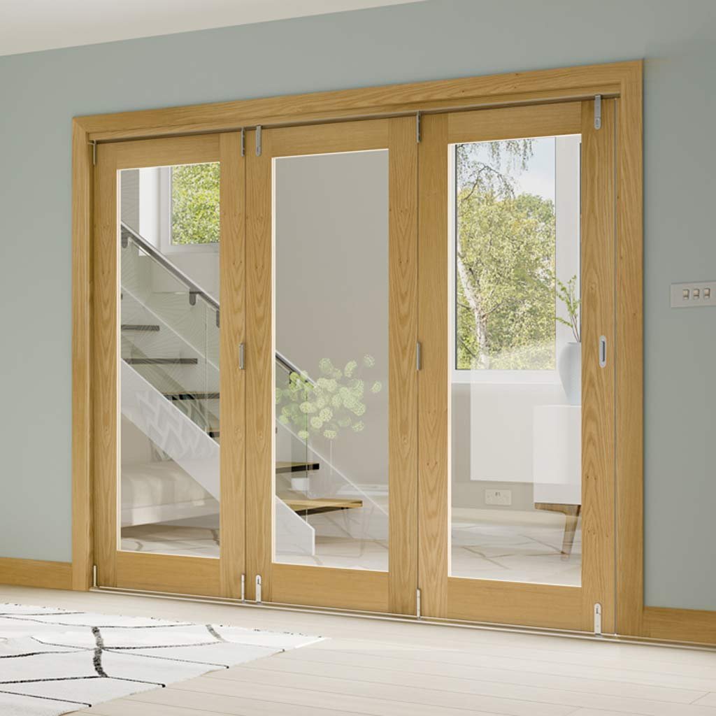Three Folding Doors & Frame Kit - Walden Oak 3+0 - Clear Glass - Unfinished