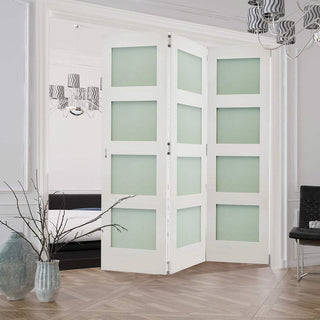 Image: Three Folding Doors & Frame Kit - Coventry Shaker 3+0 - Frosted Glass - White Primed