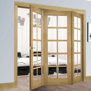 Image: Three Folding Doors & Frame Kit - Bristol Oak 3+0 - 10 Pane Clear Bevelled Glass - Unfinished