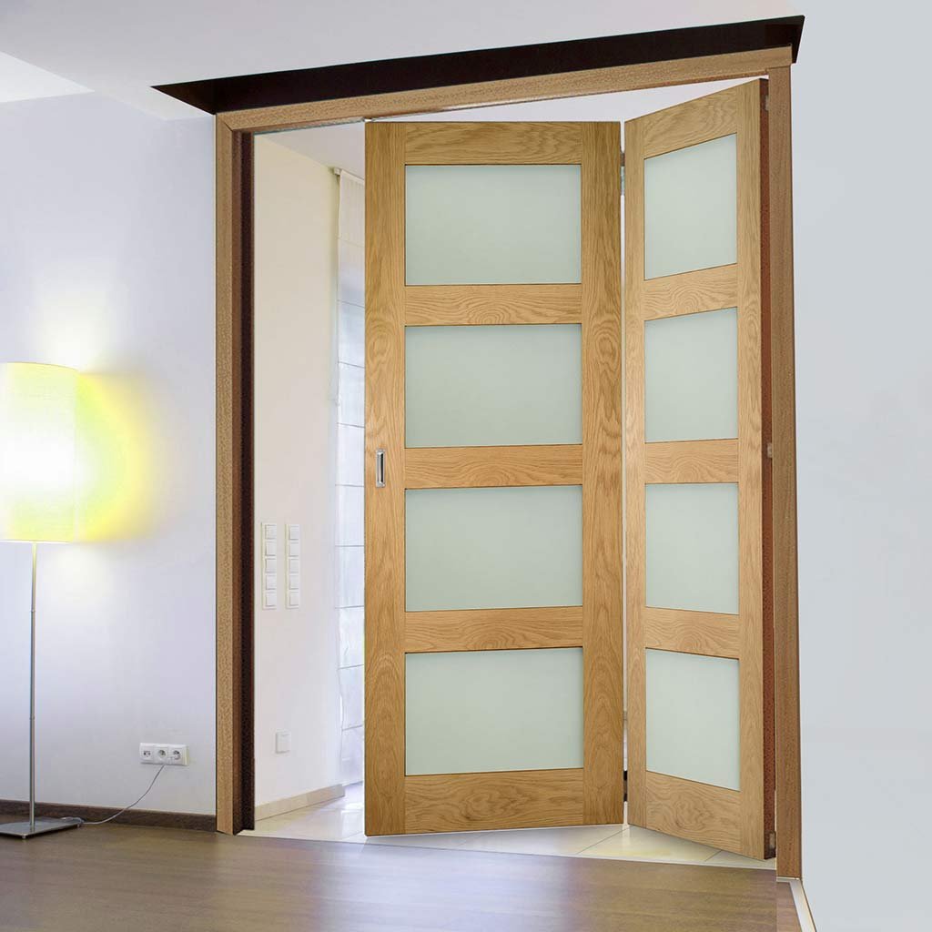 Two Folding Doors & Frame Kit - Coventry Shaker Oak 2+0 - Frosted Glass - Unfinished