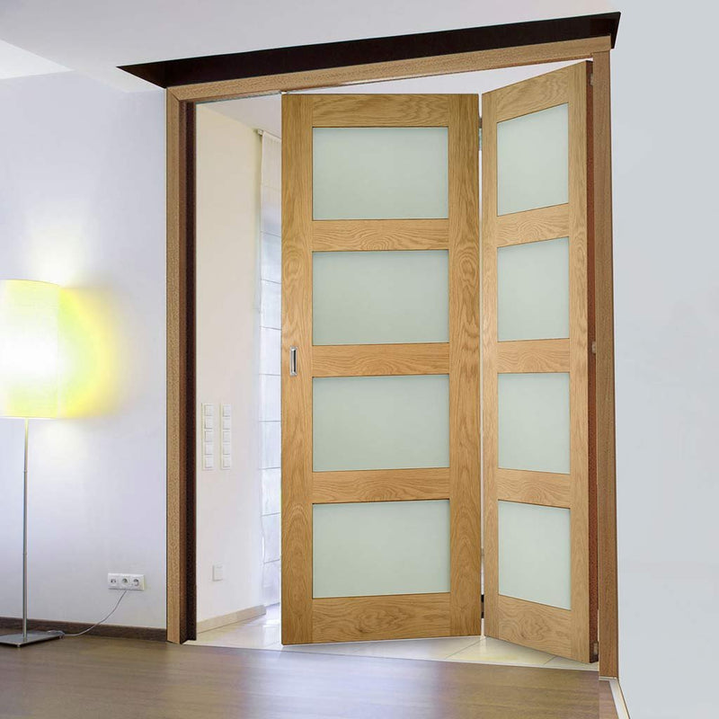 Two Folding Doors & Frame Kit - Coventry Shaker Oak 2+0 - Frosted Glass - Unfinished
