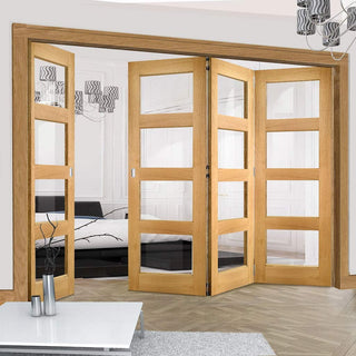 Image: Four Folding Doors & Frame Kit - Coventry Shaker Oak 3+1 - Clear Glass - Unfinished