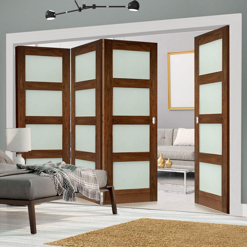 Four Folding Doors & Frame Kit - Coventry Walnut Shaker 3+1 - Frosted Glass - Prefinished