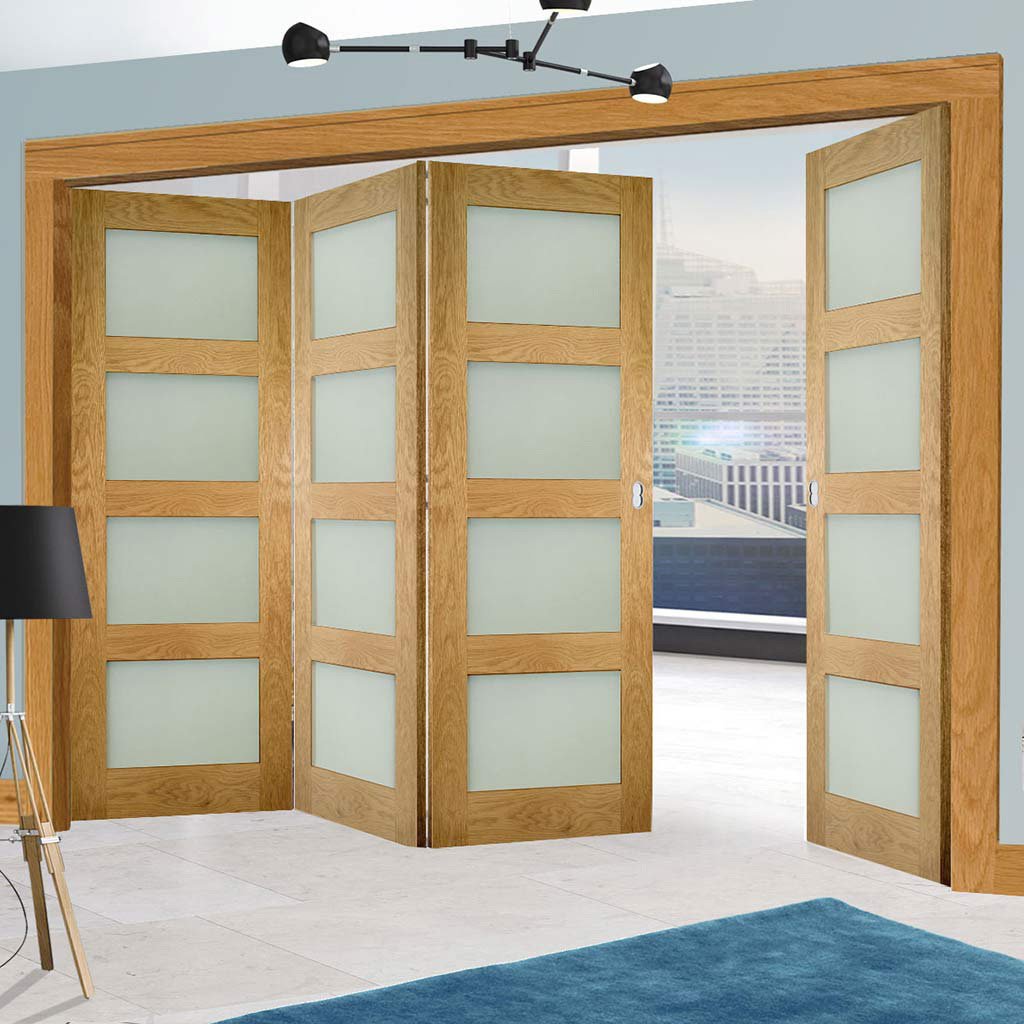 Four Folding Doors & Frame Kit - Coventry Shaker Oak 3+1 - Frosted Glass - Unfinished