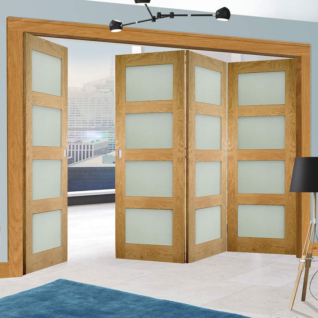 Four Folding Doors & Frame Kit - Coventry Shaker Oak 3+1 - Frosted Glass - Unfinished