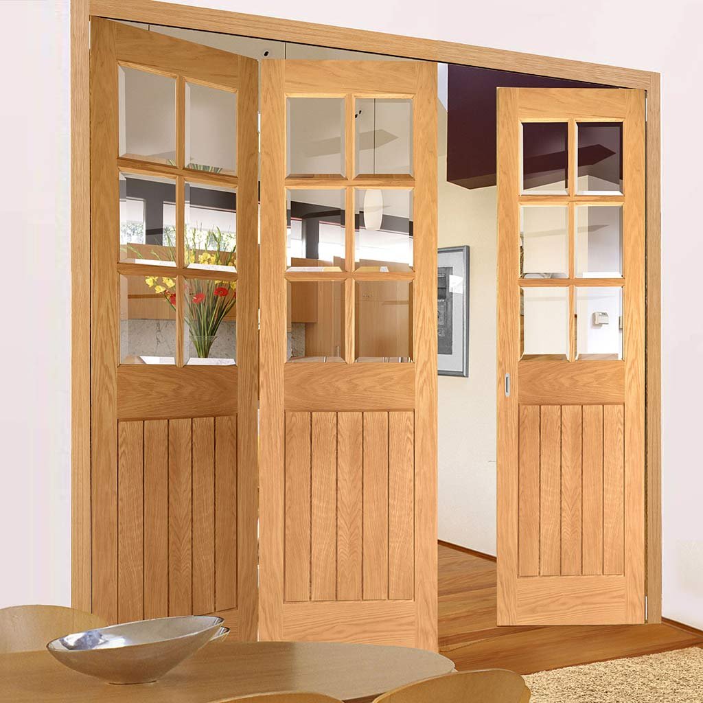 Three Folding Doors & Frame Kit - Ely Oak 2+1 - Clear Bevelled Glass -Unfinished