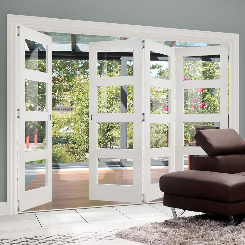 Four Folding Doors & Frame Kit - Coventry Shaker 3+1 - Clear Glass - White Primed