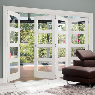 Image: Four Folding Doors & Frame Kit - Coventry Shaker 3+1 - Clear Glass - White Primed