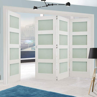 Image: Four Folding Doors & Frame Kit - Coventry Shaker 3+1 - Frosted Glass - White Primed