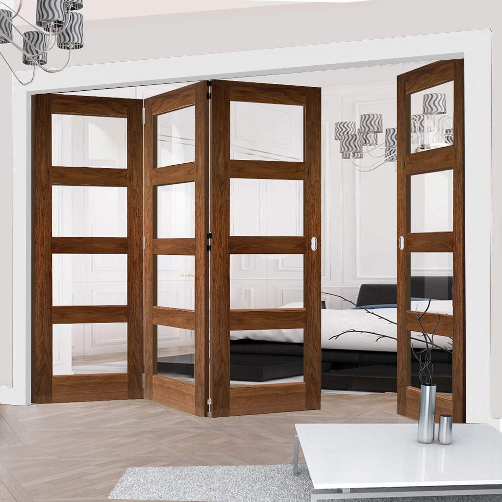 Four Folding Doors & Frame Kit - Coventry Walnut Shaker 3+1 - Clear Glass - Prefinished