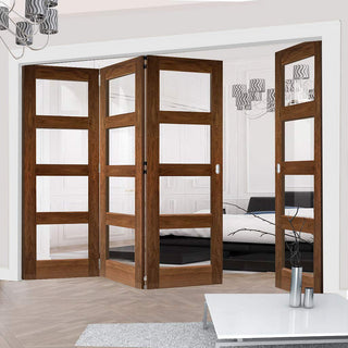 Image: Four Folding Doors & Frame Kit - Coventry Walnut Shaker 3+1 - Clear Glass - Prefinished
