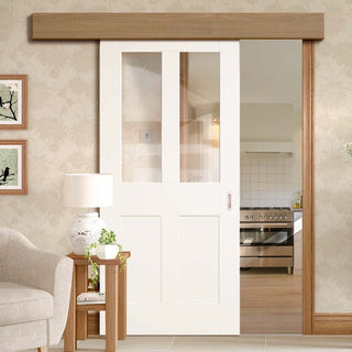 Image: Single Sliding Door & Wall Track - Malton Shaker Door - Clear Glass - White Primed
