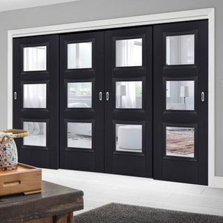 Image: Four Sliding Doors and Frame Kit - Amsterdam Black Primed Door - Clear Glass - Unfinished