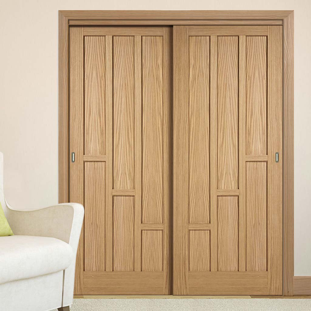 Two Sliding Doors and Frame Kit - Coventry Contemporary Oak Panel Door - Unfinished