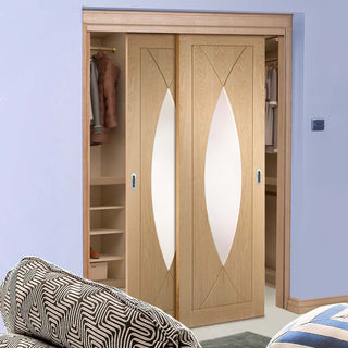 Image: Bespoke Thruslide Pesaro Oak Glazed 2 Door Wardrobe and Frame Kit - Prefinished
