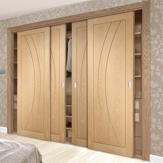 Image: Four Sliding Wardrobe Doors & Frame Kit - Salerno Oak Flush Door - Prefinished