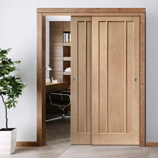 Image: Two Sliding Doors and Frame Kit - Worcester Oak 3 Panel Door - Unfinished