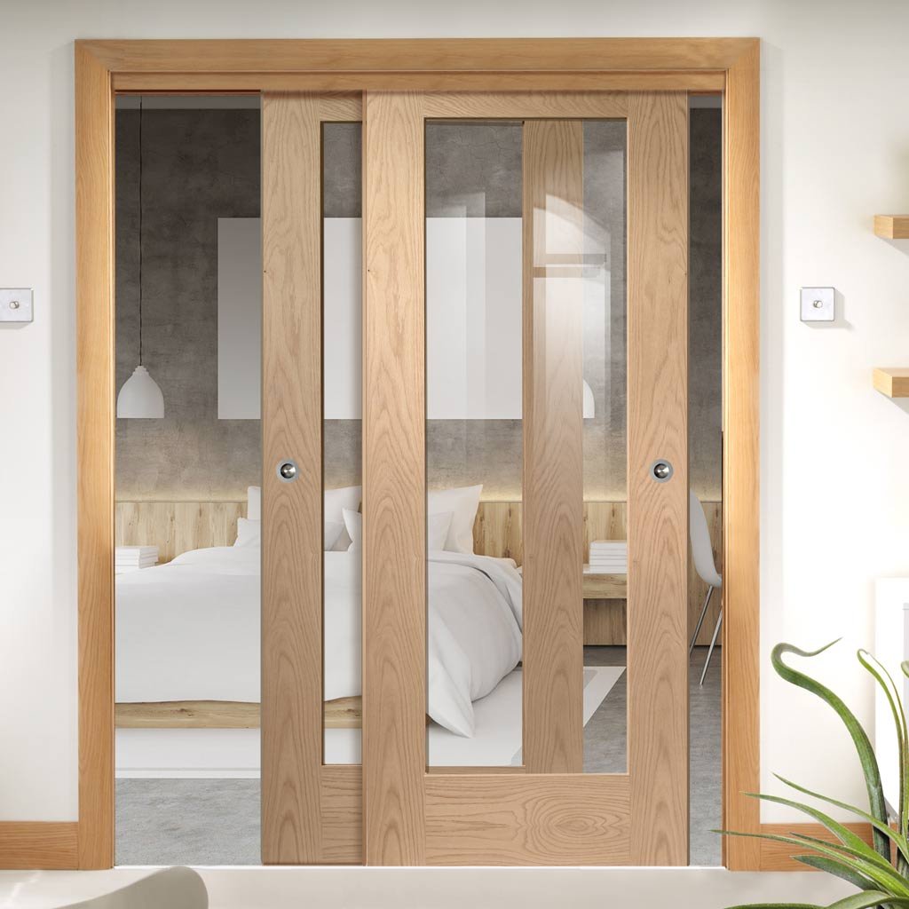 Two Sliding Doors and Frame Kit - Pattern 10 Oak 1 Pane Door - Clear Glass - Prefinished