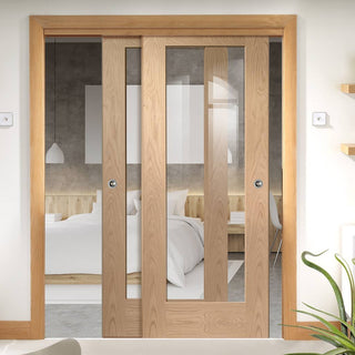 Image: Two Sliding Doors and Frame Kit - Pattern 10 Oak 1 Pane Door - Clear Glass - Prefinished