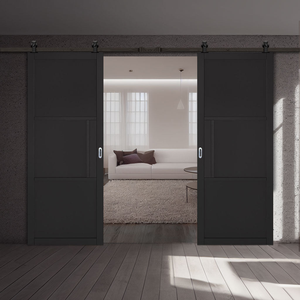 Top Mounted Black Sliding Track & Double Door - Tribeca 3 Panel Black Painted Doors - Prefinished