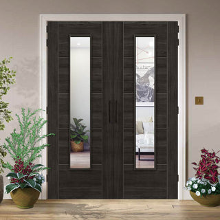 Image: J B Kind Laminates Tigris Cinza Dark Grey Coloured Internal Door Pair - Clear Glass - Prefinished