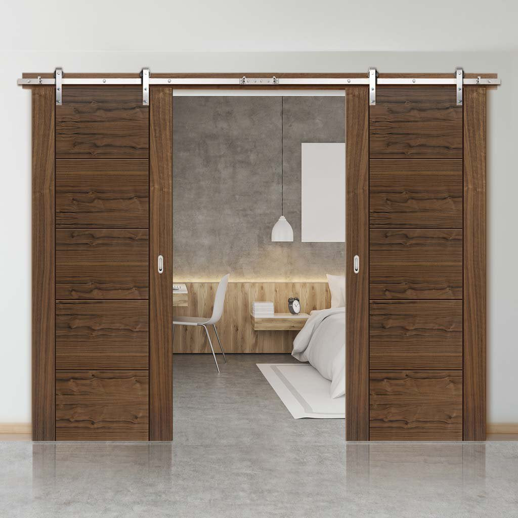 Double Sliding Door Stainless Steel Barn Track Tigris Walnut Doors