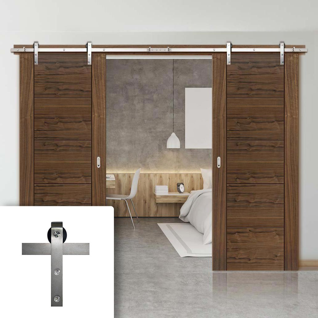 Double Sliding Door & Stainless Steel Barn Track - Tigris Walnut Doors - Prefinished