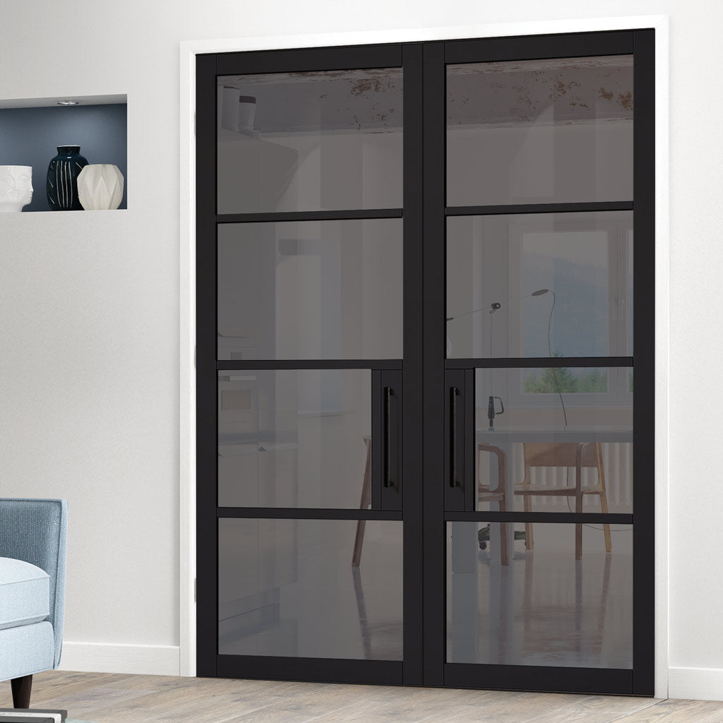 Chelsea 4 Pane Black Painted Internal Door Pair - Tinted Glass - Prefinished