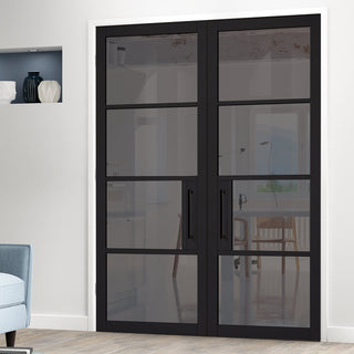 Image: Chelsea 4 Pane Black Primed Internal Door Pair - Tinted Glass