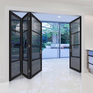 Image: Four Folding Doors & Frame Kit - Chelsea 4 Pane Black Primed 3+1 - Tinted Glass