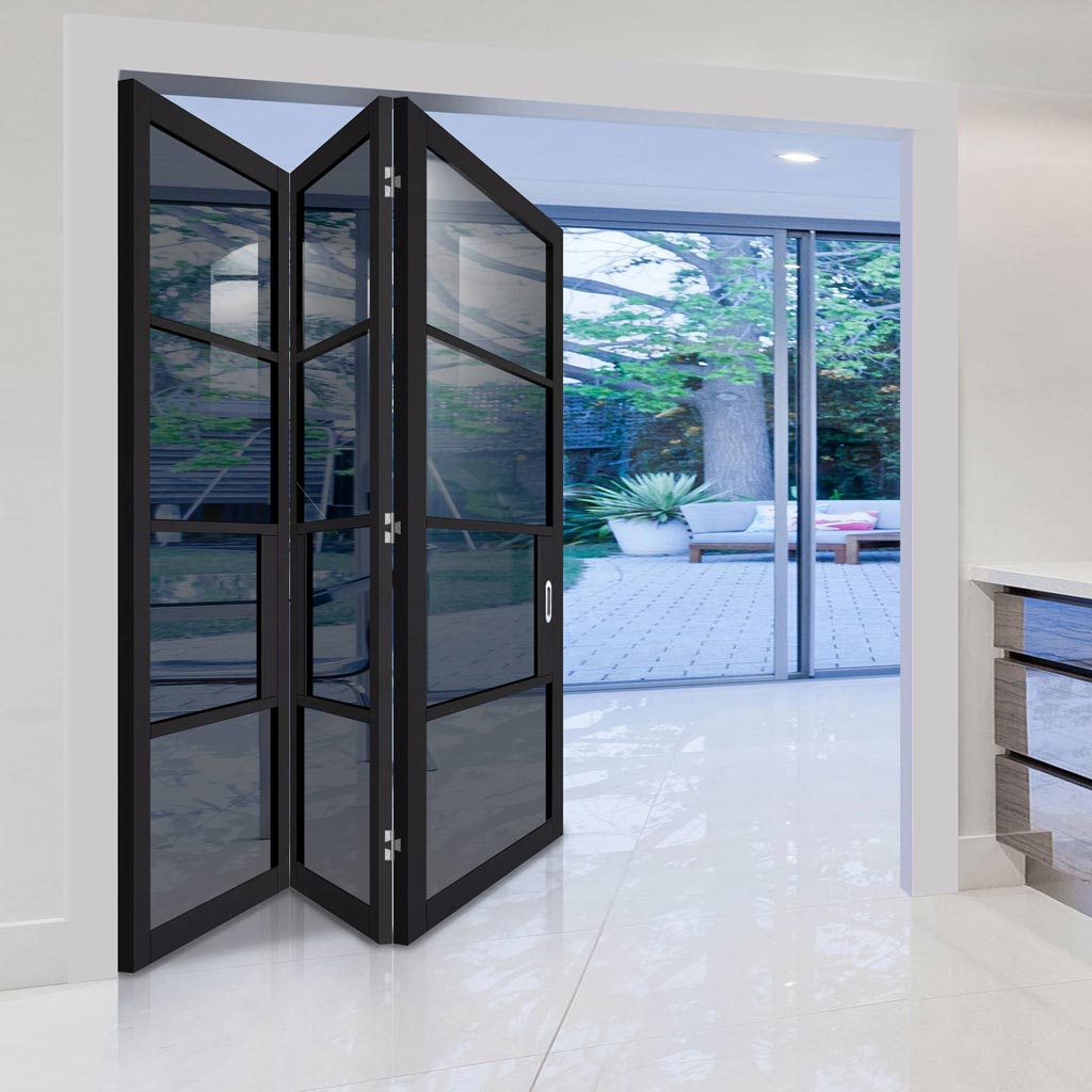 Three Folding Doors & Frame Kit - Chelsea 4 Pane Black Primed 3+0 - Tinted Glass