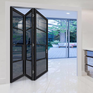 Image: Three Folding Doors & Frame Kit - Chelsea 4 Pane Black Primed 3+0 - Tinted Glass