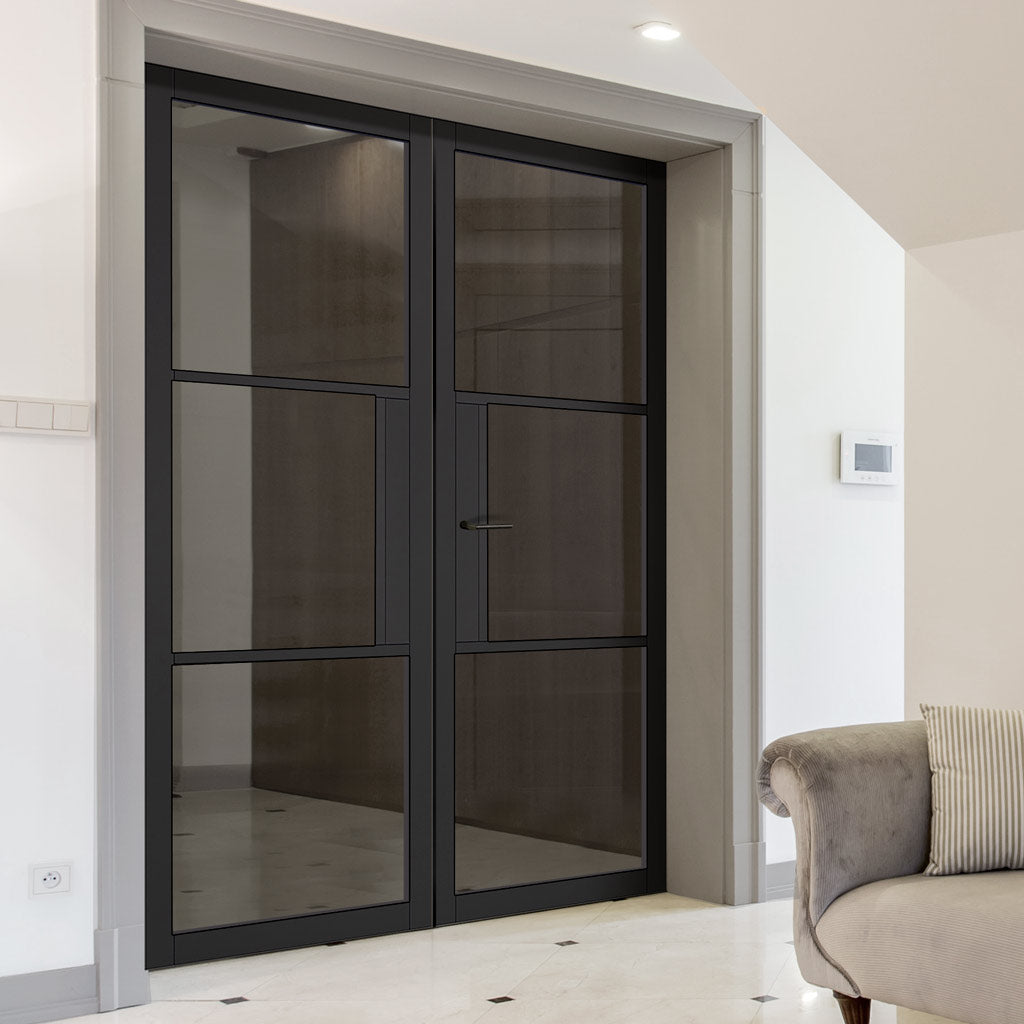 Tribeca 3 Pane Black Primed Internal Door Pair - Tinted Glass