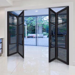 Image: Four Folding Doors & Frame Kit - Chelsea 4 Pane Black Primed 2+2 - Tinted Glass