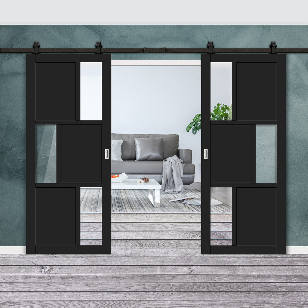 Top Mounted Black Sliding Track & Solid Wood Double Doors - Eco-Urban® Tokyo 3 Pane 3 Panel Doors DD6423G Clear Glass - Shadow Black Premium Primed