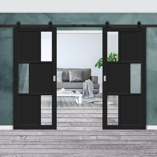 Image: Top Mounted Black Sliding Track & Solid Wood Double Doors - Eco-Urban® Tokyo 3 Pane 3 Panel Doors DD6423G Clear Glass - Shadow Black Premium Primed