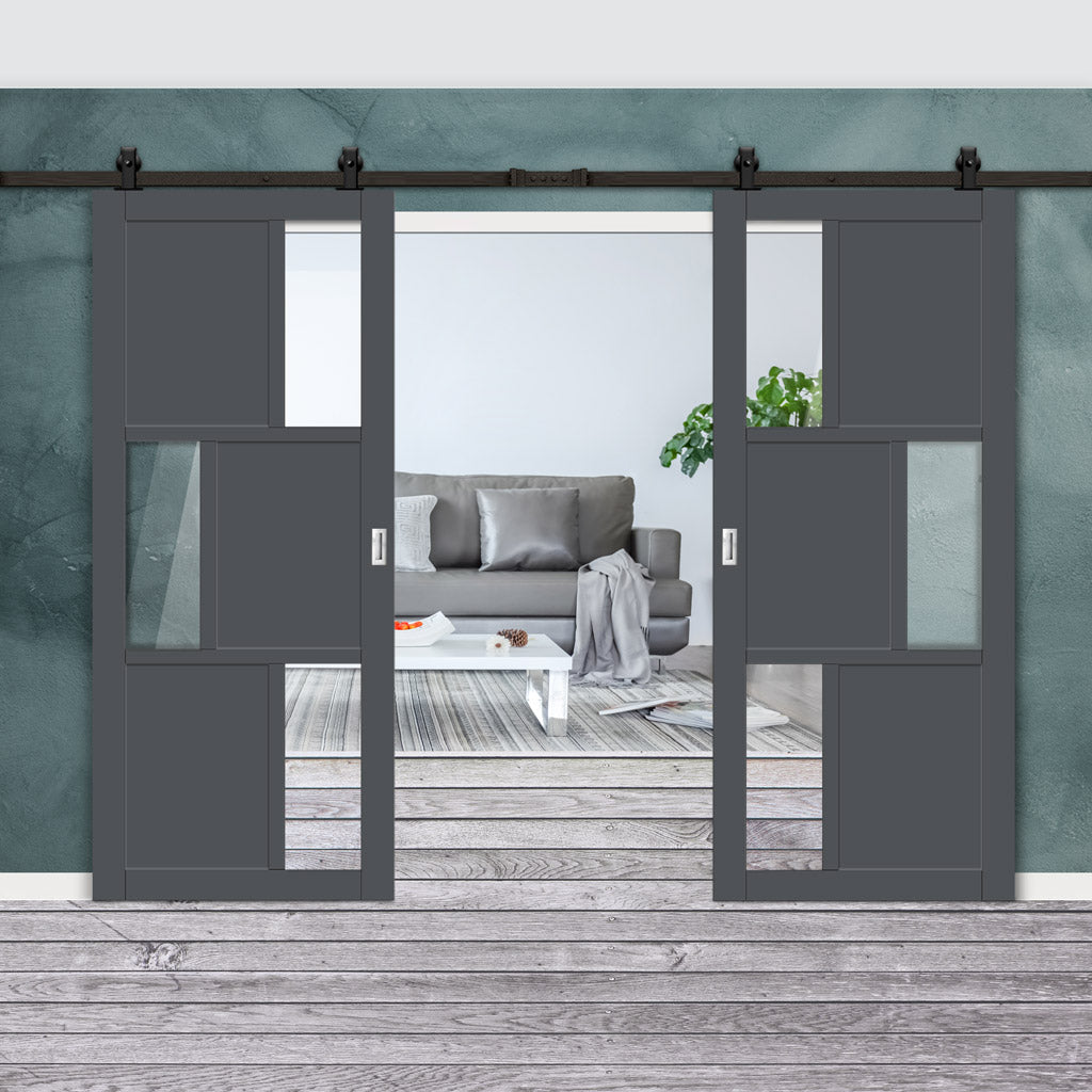 Top Mounted Black Sliding Track & Solid Wood Double Doors - Eco-Urban® Tokyo 3 Pane 3 Panel Doors DD6423G Clear Glass - Stormy Grey Premium Primed