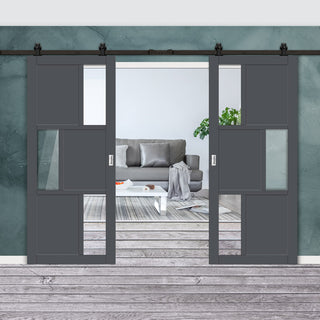 Image: Top Mounted Black Sliding Track & Solid Wood Double Doors - Eco-Urban® Tokyo 3 Pane 3 Panel Doors DD6423G Clear Glass - Stormy Grey Premium Primed