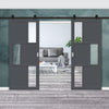 Top Mounted Black Sliding Track & Solid Wood Double Doors - Eco-Urban® Tokyo 3 Pane 3 Panel Doors DD6423G Clear Glass - Stormy Grey Premium Primed