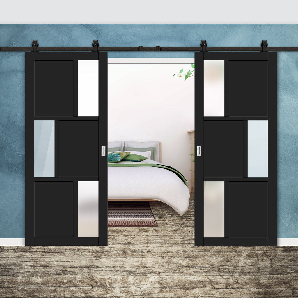 Top Mounted Black Sliding Track & Solid Wood Double Doors - Eco-Urban® Tokyo 3 Pane 3 Panel Doors DD6423SG Frosted Glass - Shadow Black Premium Primed