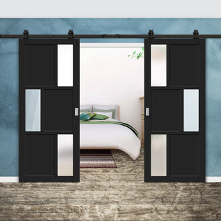 Image: Top Mounted Black Sliding Track & Solid Wood Double Doors - Eco-Urban® Tokyo 3 Pane 3 Panel Doors DD6423SG Frosted Glass - Shadow Black Premium Primed